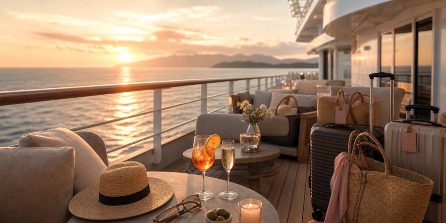 An elegant ocean-view cruise balcony with travel bags at sunset