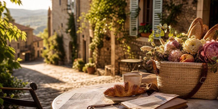 A European cafe table on a cobblestone street with market flowers and pastries