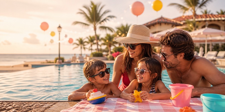A bright family-friendly resort pool with beach toys and sunshine