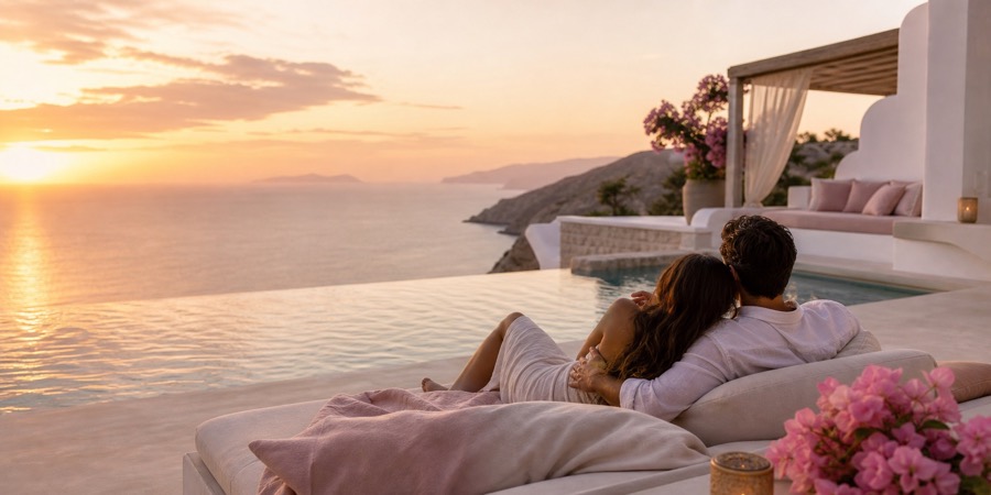 A romantic resort terrace beside a private pool at golden hour
