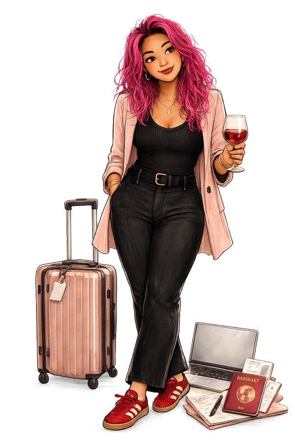 Illustration of Charlene as a travel advisor with luggage, wine, laptop, and planning notes