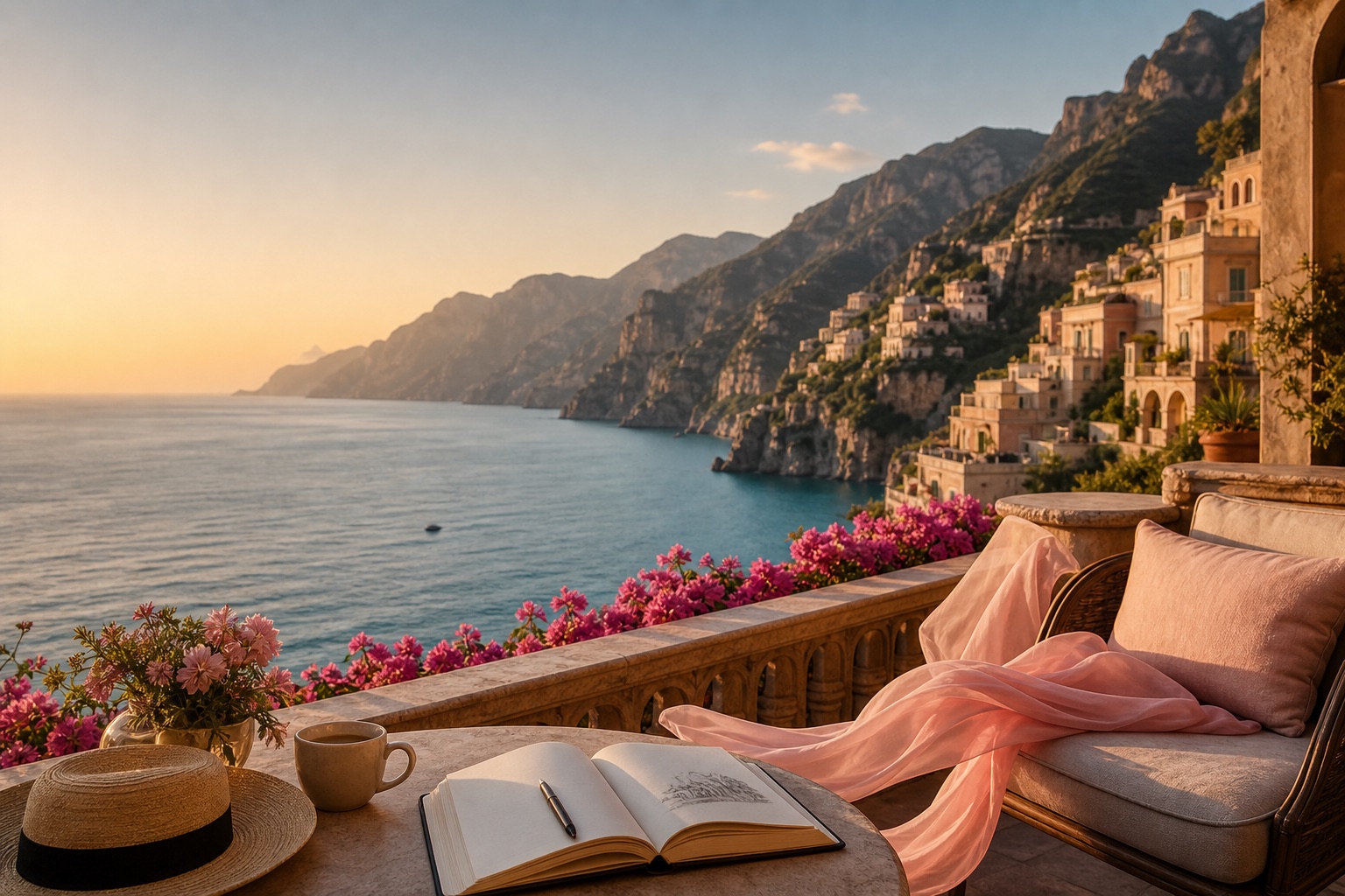 A luxury coastal terrace overlooking turquoise water at golden hour